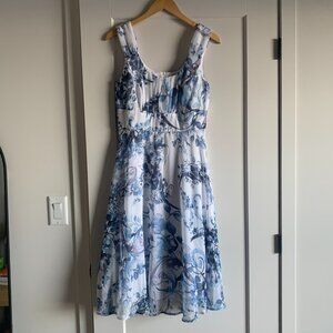 Connected Apparel Blue & White Floral Midi Dress - Romantic, A-line, Cottagecore